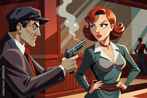 A gun moll with a pistol tucked into her garter belt, her expression steely as she confronts a rival gangster in a smoky speakeasy