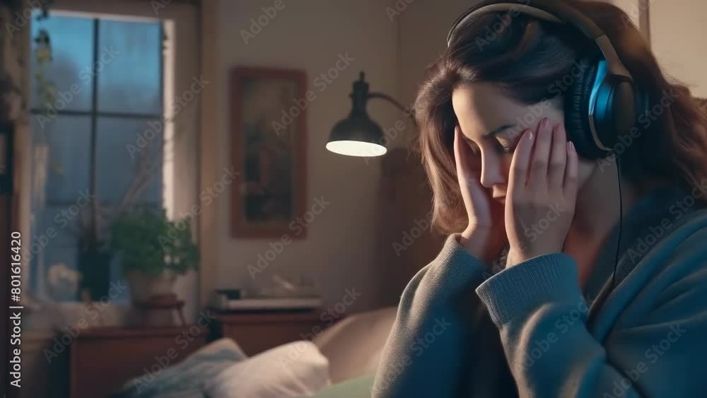 A young woman sits in solitude, headphones on, hands covering her face, an image that speaks to a moment of sadness or personal reflection. Depression and apathy. Girl is holding her head. Sad mood A young woman sits in solitude, headphones on, hands covering her face, an image that speaks to a moment of sadness or personal reflection. Depression and apathy. Girl is holding her head. Sad mood