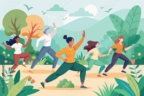 A group of people practicing tai chi in a peaceful garden, moving gracefully and harmonizing with nature