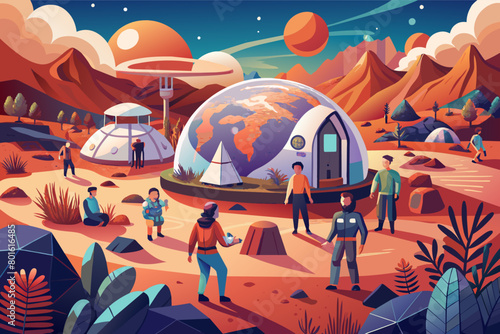 A group of people living in a self-sustaining biosphere on another planet, showcasing humanitys potential for interplanetary colonization and exploration