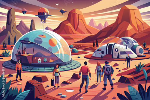 A group of people living in a self-sustaining biosphere on another planet, showcasing humanitys potential for interplanetary colonization and exploration