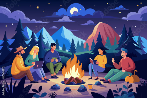 A group of friends gathered around a campfire, roasting marshmallows and sharing stories under a starry sky