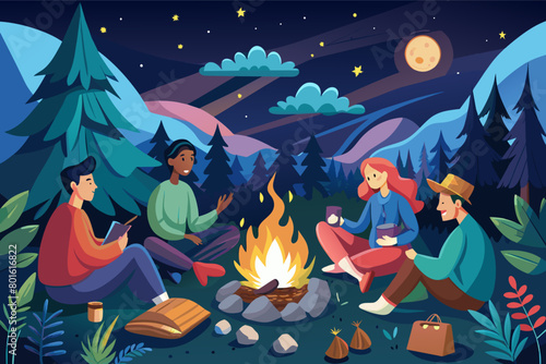 A group of friends gathered around a campfire, roasting marshmallows and sharing stories under a starry sky