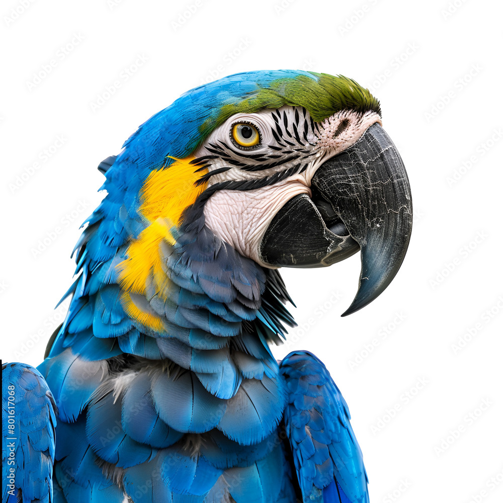 Half body portrait of an endangered blue macaw parrot in a close up photo, Isolated on Transparent Background, PNG