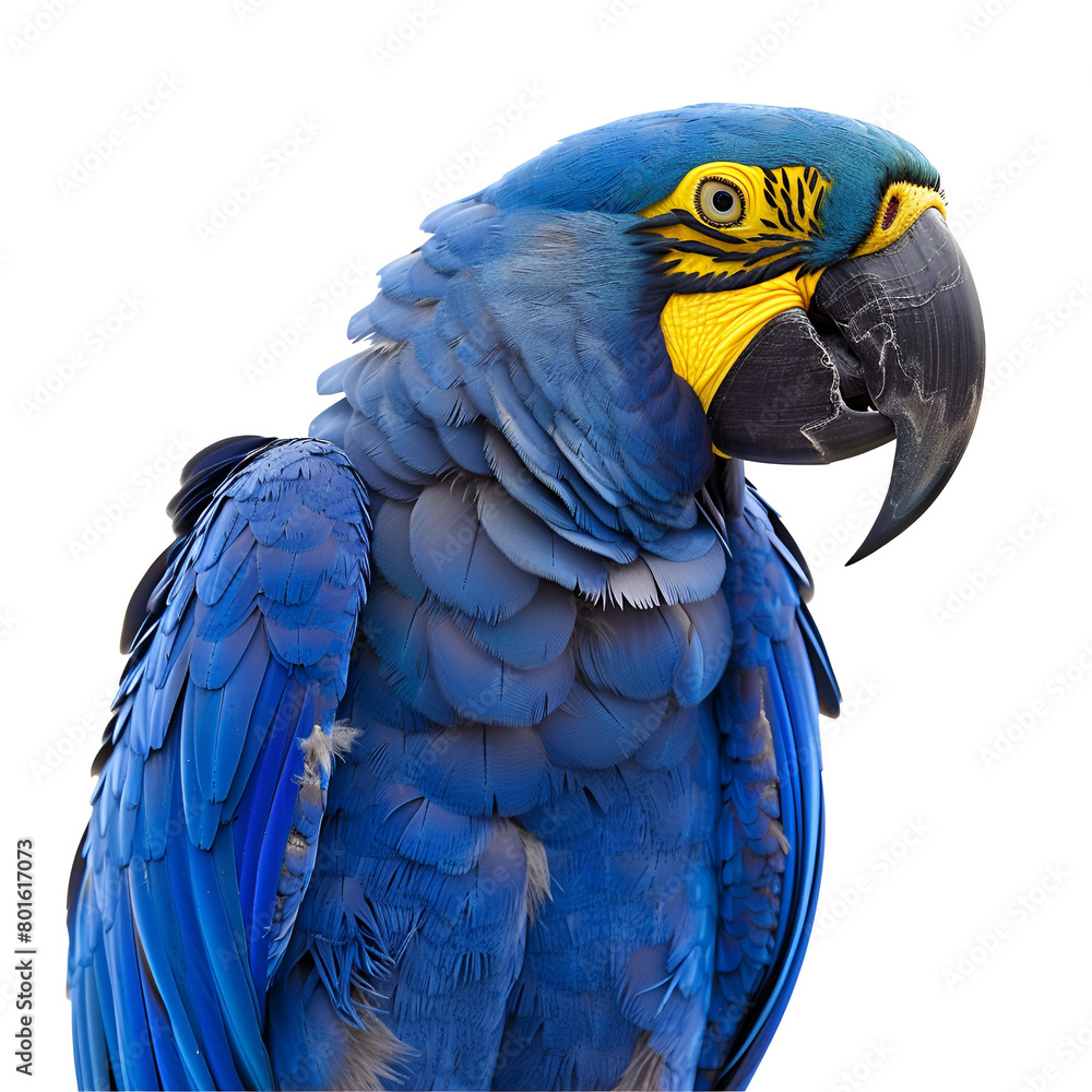 Fototapeta premium Close up image of a half body blue macaw parrot, an endangered creature, Isolated on Transparent Background, PNG