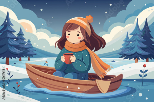A girl wrapped in a warm blanket, sipping cocoa on a snowy day aboard a small, cozy boat