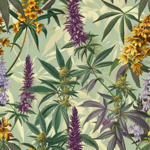 Vintage Botanical Wallpaper: Purple Marijuana Plants and Yellow Flowers