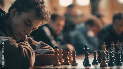 A captivating image of a chess tournament, its competitive atmosphere and focused participants showcasing the intensity of the game on International Chess Day. photo