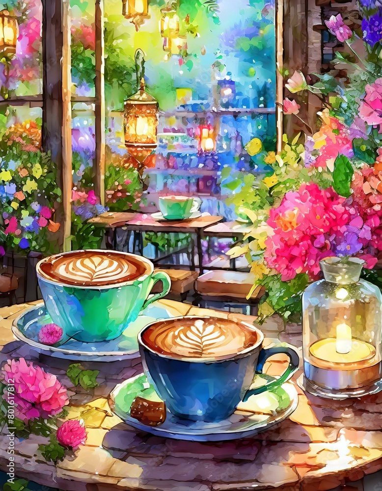 Coffee Shop Vibes - Colourful strokes abstract style illustration of the two lattes and flowers at coziest little table of a busy coffee shop