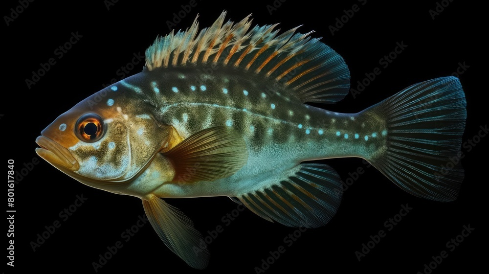 Close-up photo of a fish in water at depth. Realistic illustration of a fish underwater, in the sea, in the river, in the ocean. Fishing, industry. Fish shop, restaurant. Fishing, fish sale poster.
Close-up photo of a fish in water at depth. Realistic illustration of a fish underwater, in the sea, in the river, in the ocean. Fishing, industry. Fish shop, restaurant. Fishing, fish sale poster.