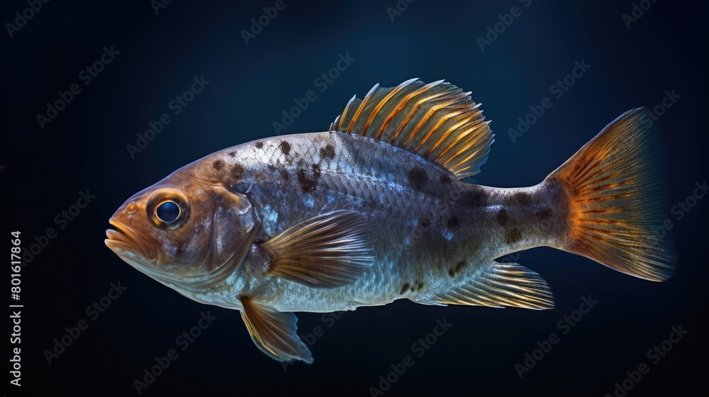
Close-up photo of a fish in water at depth. Realistic illustration of a fish underwater, in the sea, in the river, in the ocean. Fishing, industry. Fish shop, restaurant. Fishing, fish sale poster.