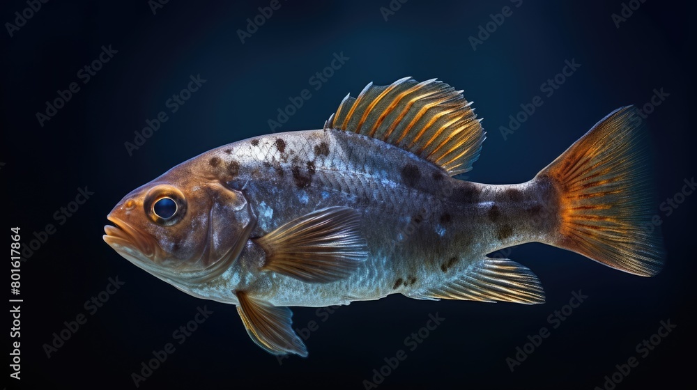 Close-up photo of a fish in water at depth. Realistic illustration of a fish underwater, in the sea, in the river, in the ocean. Fishing, industry. Fish shop, restaurant. Fishing, fish sale poster.
Close-up photo of a fish in water at depth. Realistic illustration of a fish underwater, in the sea, in the river, in the ocean. Fishing, industry. Fish shop, restaurant. Fishing, fish sale poster.