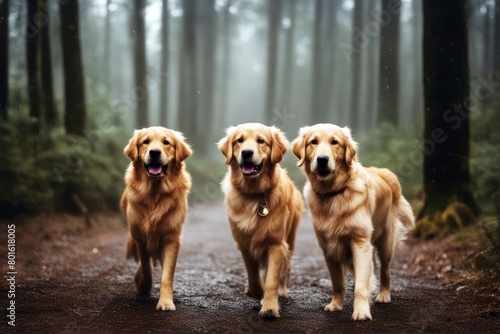 'forest retriever rain golden two dogs walking dog animal pet walk moody2 wood rainy dark bad weather mammal purebred background looking together obedient companion friendly breed outside nature'