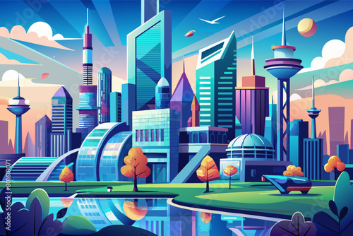 A futuristic cityscape with towering skyscrapers in 3D illustration