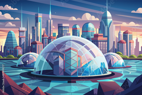 A futuristic city skyline with massive geodesic domes and transparent roofs, providing shelter and protection from the elements