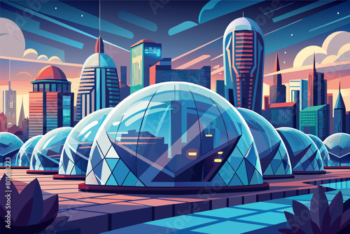 A futuristic city skyline with massive geodesic domes and transparent roofs, providing shelter and protection from the elements