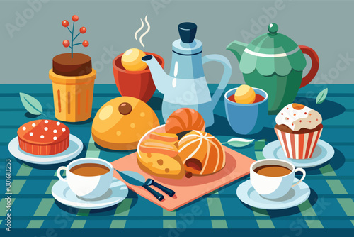 A French-inspired breakfast table set with pain au chocolate guests to savor the flavors of France