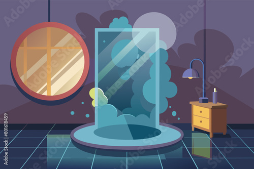 A foggy mirror in a steamy bathroom, hinting at the comfort of a hot shower