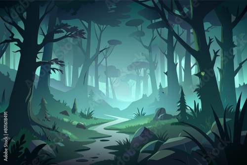 A foggy forest with mysterious atmosphere