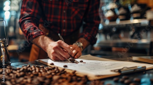 Closeup a human hand signing paper document in a coffee beans roasting factory. AI generated image