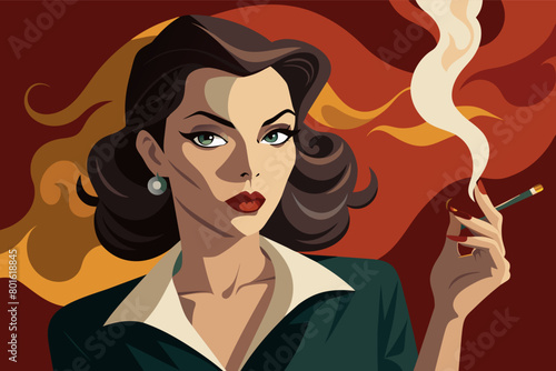 A femme fatale with a smoldering cigarette dangling from her lips, her eyes flashing with mischief as she sizes up her next mark