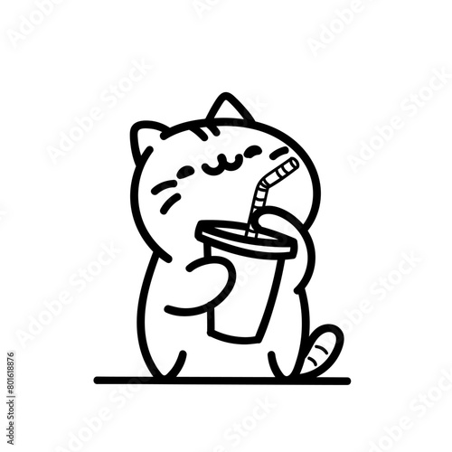 Cat sipping a soft drink, cocktail or sparkling water is great for cafe logos, stickers and quirky art. Hand drawn doodle style vector illustration isolated on white background.