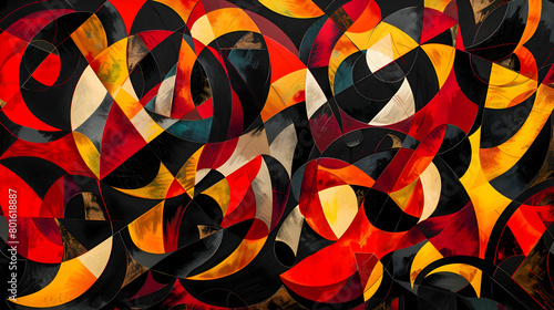 An HD camera-captured style image of a lively abstract pattern featuring sharp geometric motifs and sleek curves in a striking mix of scarlet red, black, and golden hues