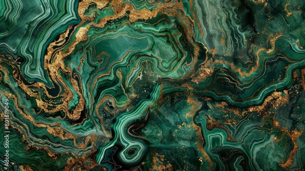 An intricate pattern that mimics the swirling layers and textures found in malachite stones with deep greens and gold accents..