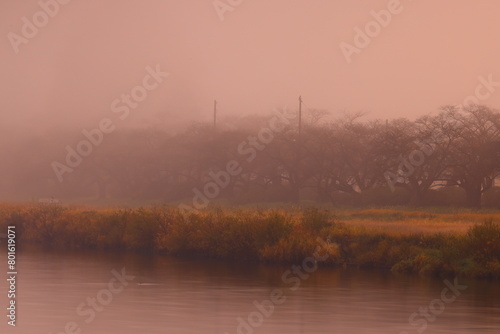 朝霧の北上川