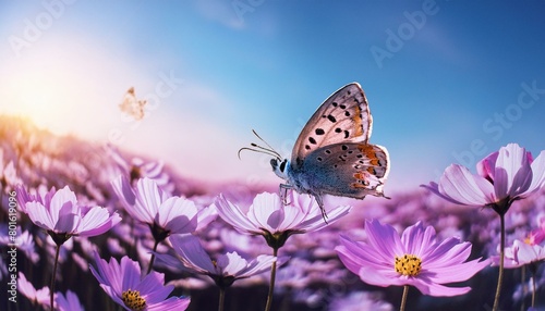 The butterfly in  Luminescent Landscape   gazing upon the floral pink radiant  vibrant  and sky blue glowing landscape  with the shimmering and sparkling elements casting a peaceful and calming aura