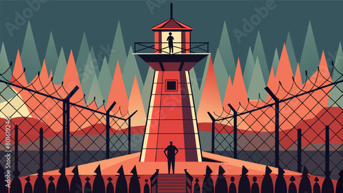 The tower is surrounded by a maze of fences and barbed wire keeping the citizens ped within its reach and under its watchful eye..