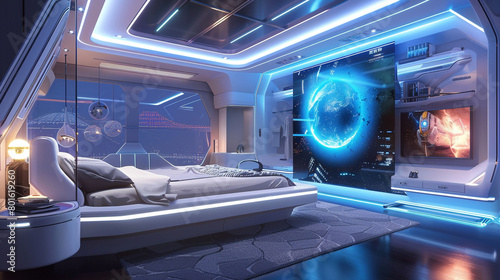 Futuristic Bedroom: Levitating bed, holographic artwork, and LED-lit walls. © Adnan Haider