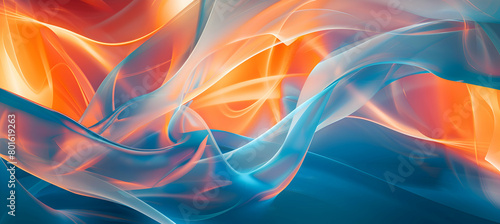 An HD photograph of dynamic abstract art, blending soft curves and sharp geometric forms in electric blue and fiery orange, using light play to enhance depth