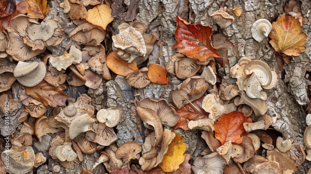 A texturerich collage featuring a mixture of mushroom caps bark and other natural elements.. A texturerich collage featuring a mixture of mushroom caps bark and other natural elements..