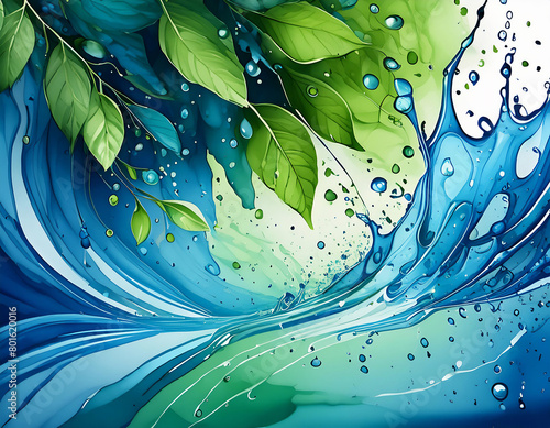 abstract watercolor background with water splash drops and green leaves backdrop wallpaper (ID: 801620016)