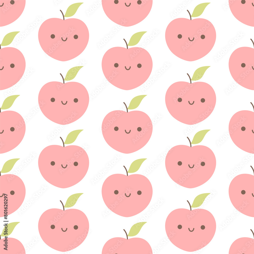 Seamless pattern with cute cartoon peach characters. Fruit seamless pattern. Vector illustration in flat style Seamless pattern with cute cartoon peach characters. Fruit seamless pattern. Vector illustration in flat style