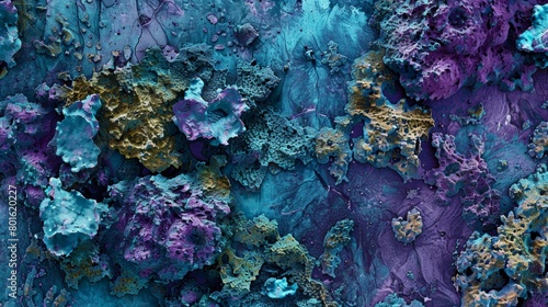 A detailed digital illustration with an abstract composition of moss and lichen textures in shades of blue and purple..