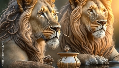 The two lions exude power and pride with their flowing manes. Sipping the first lion drink. Next to it  the other lion exudes grace and kindness. 3D Rendering