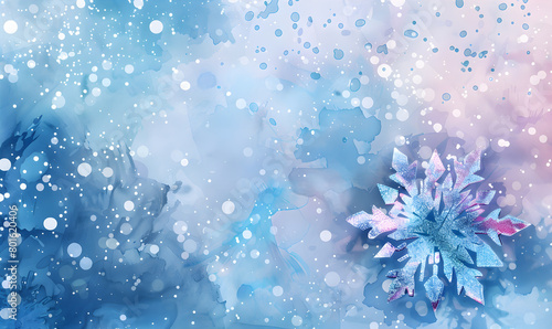 Watercolor Happy New Year background with snowflake .  Happy New Year and Merry Christmas greeting card with copy space. 