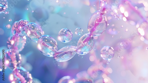 Cosmetic Essence, Liquid bubble, Molecule inside Liquid Bubble on DNA water splash background, 3d rendering © somneuk