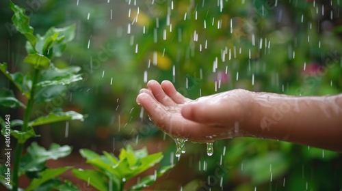 Closeup little kid hand playing while touching rain drop water in the garden outdoor. AI generated