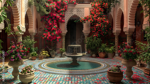 Moroccan Riad Courtyard: Mosaic tiles, a central fountain, and bougainvillea. photo
