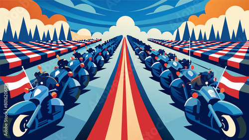 A sea of Americanmade motorcycles stretches as far as the eye can see each one representing the patriotism and dedication of its rider to honoring. Vector illustration
