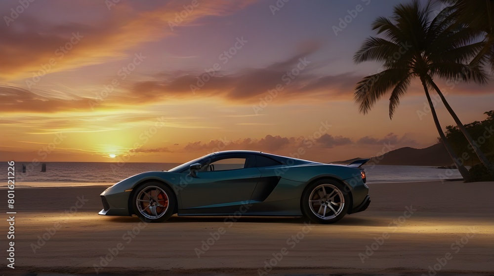 Exotic Supercar at Sunset: Luxury Beach Drive, Travel Destination, Lifestyle Advertisement