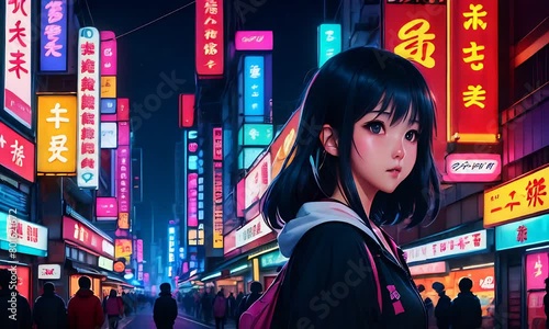 Anime girl with short dark hair walking on crowdy street of night asian city, bright neon advertisement lights, high buildings photo