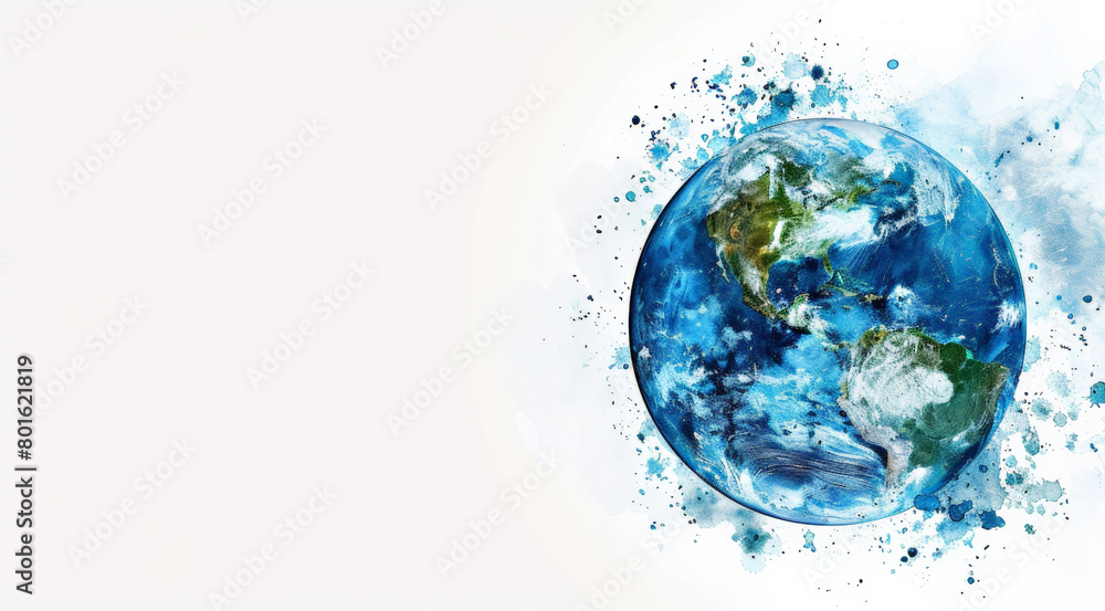Vibrant Earth with Dynamic Blue Watercolor Splashes on a Pure White Background with Copy space Vibrant Earth with Dynamic Blue Watercolor Splashes on a Pure White Background with Copy space