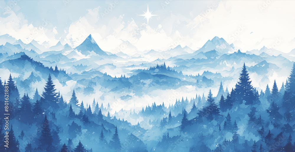 A misty mountain forest scene in soft blue tones, with subtle hints of green pine trees and distant snowcapped peaks shrouded by fog. 