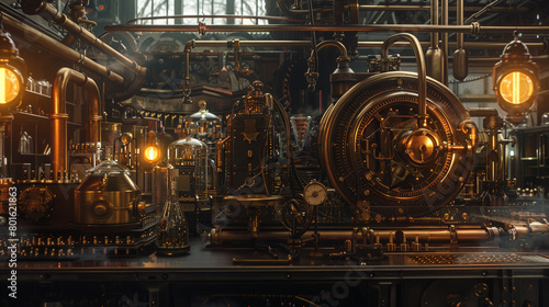 Steampunk Laboratory  Brass pipes  Edison bulbs  and a massive gear-driven contraption.