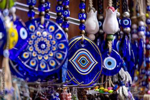 Variety of blue Fatima eye, protective amulets against evil eye, Turkish decorative glass souvenir
