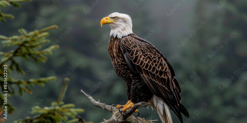 Close-up of a Bald Eagle standing majestically on a mossy branch with a soft-focus forested background Close-up of a Bald Eagle standing majestically on a mossy branch with a soft-focus forested background